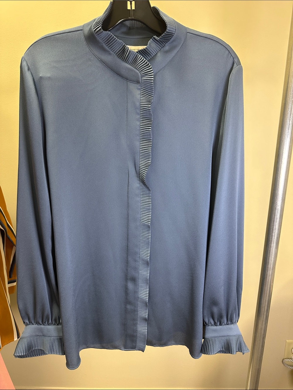 Lafayette 148 New York Blue Pleated-Trim Button Front Blouse